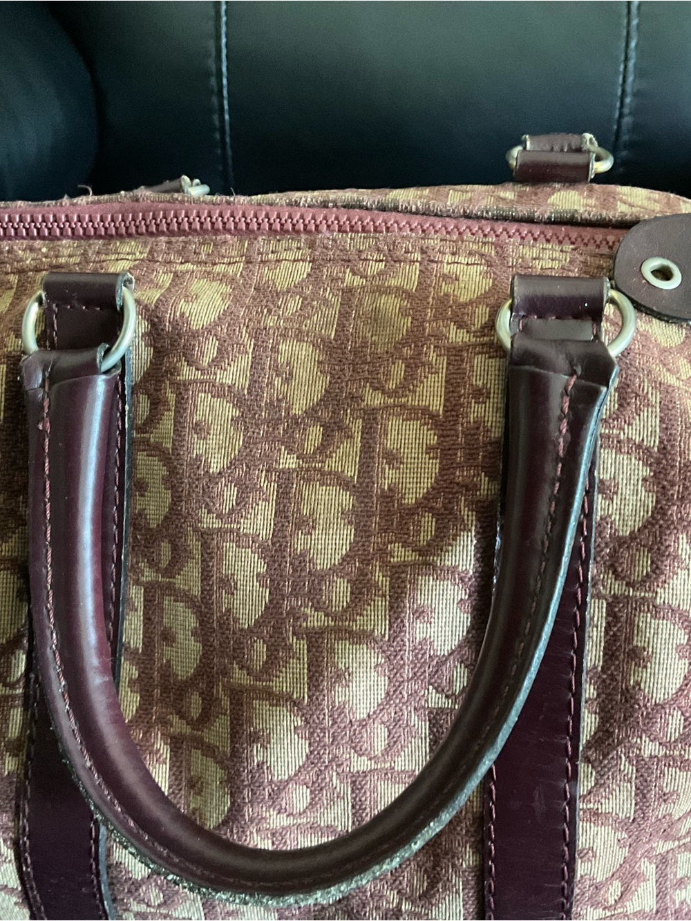 Dior Burgundy and Cream Monogram Satchel - Picture 2 of 5